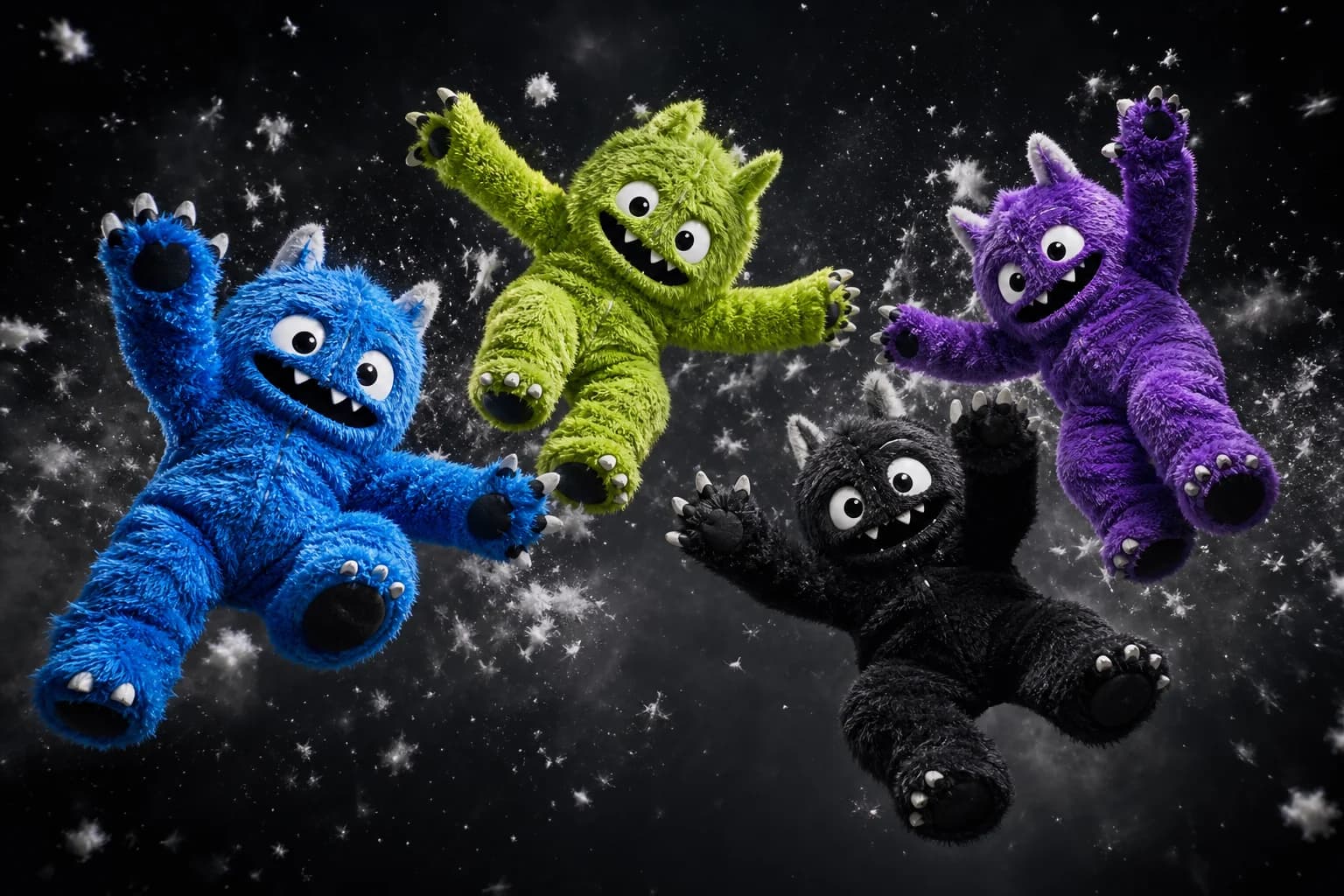 Fuzzy monster onesies in blue, green, black and purple tumbling through a cloud of fuzz