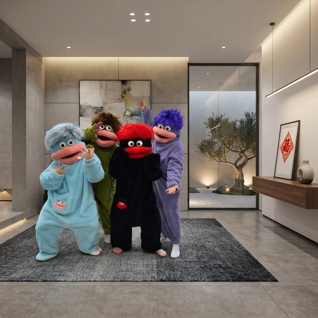 The Fuzzy Ones crew posing together at home