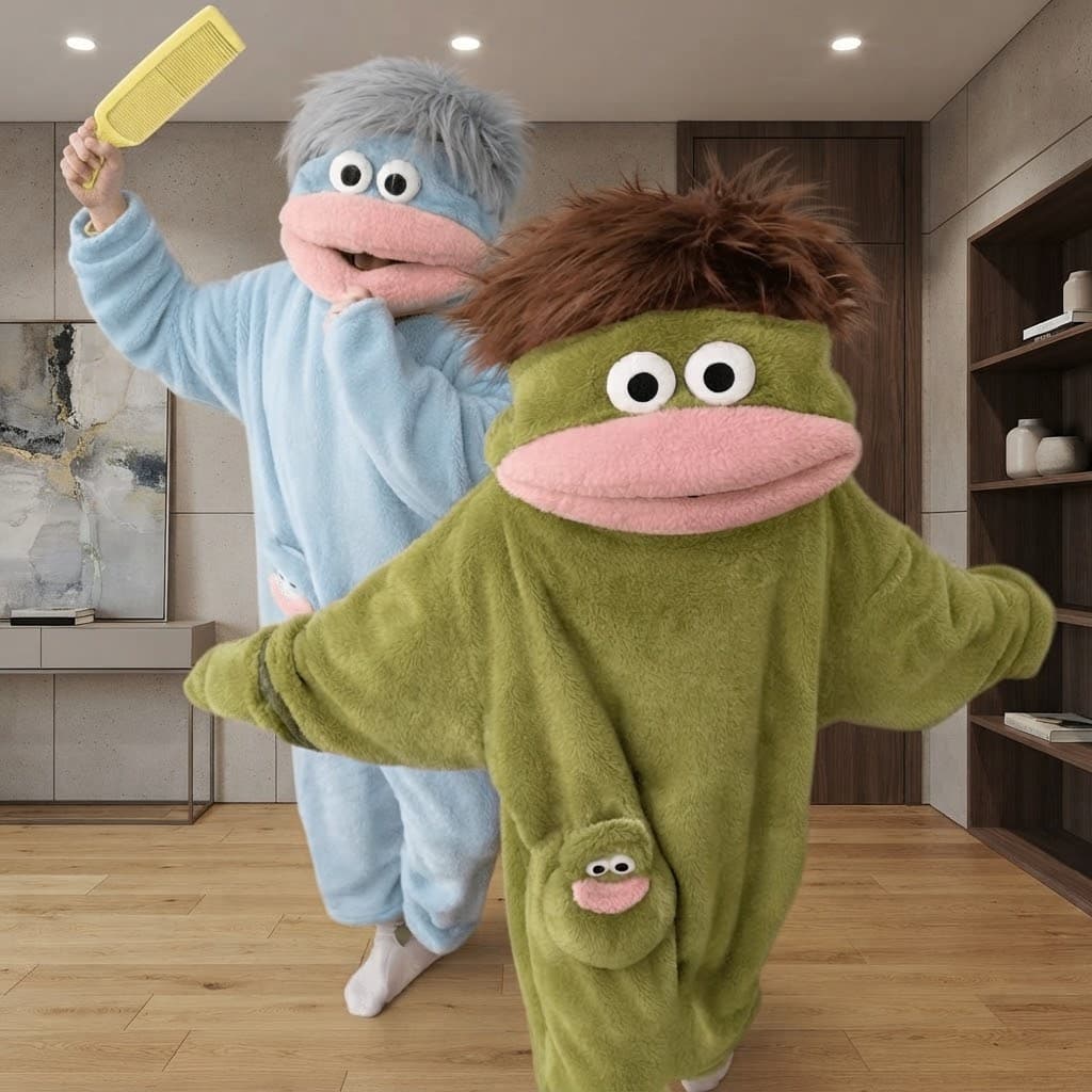 Green and blue fuzzy monster onesies dancing together